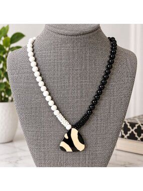 Vintage Black White Beaded Necklace Abstract Enamel Pendant Statement Jewelry